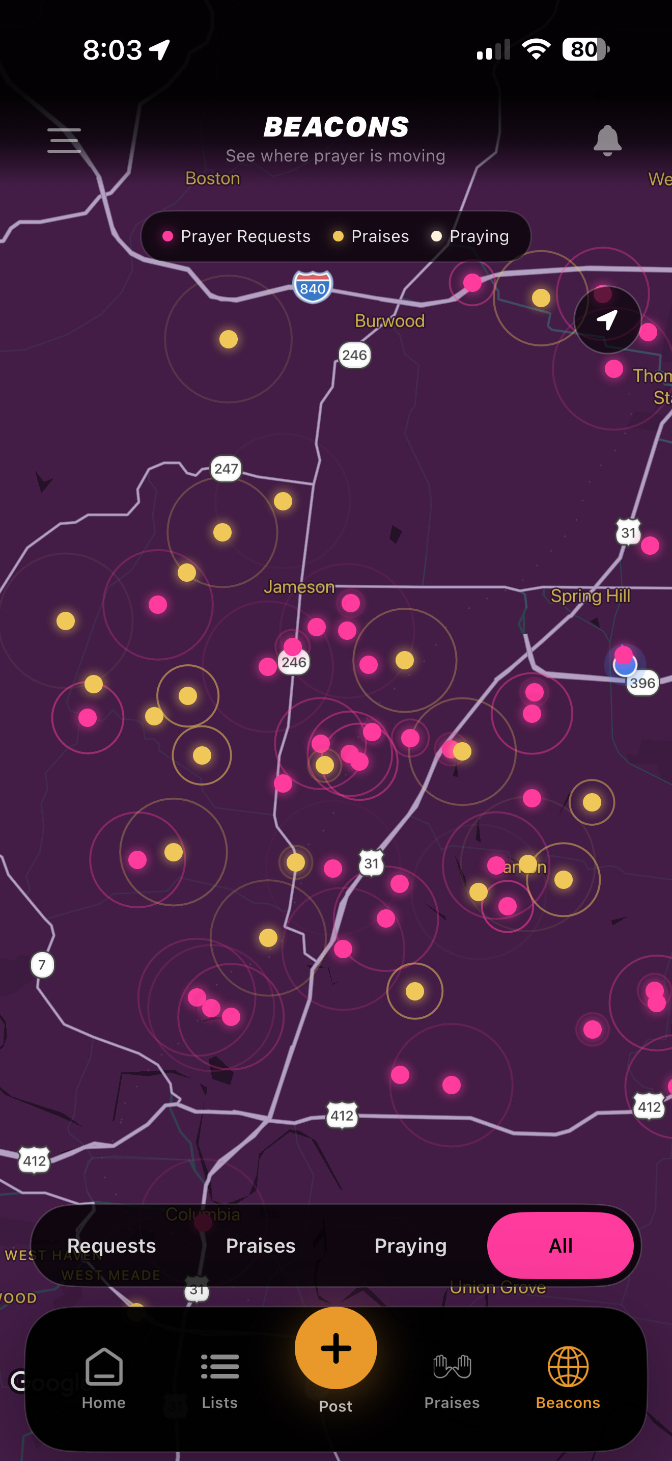 Beacons map with separate filters for requests, praises and praying