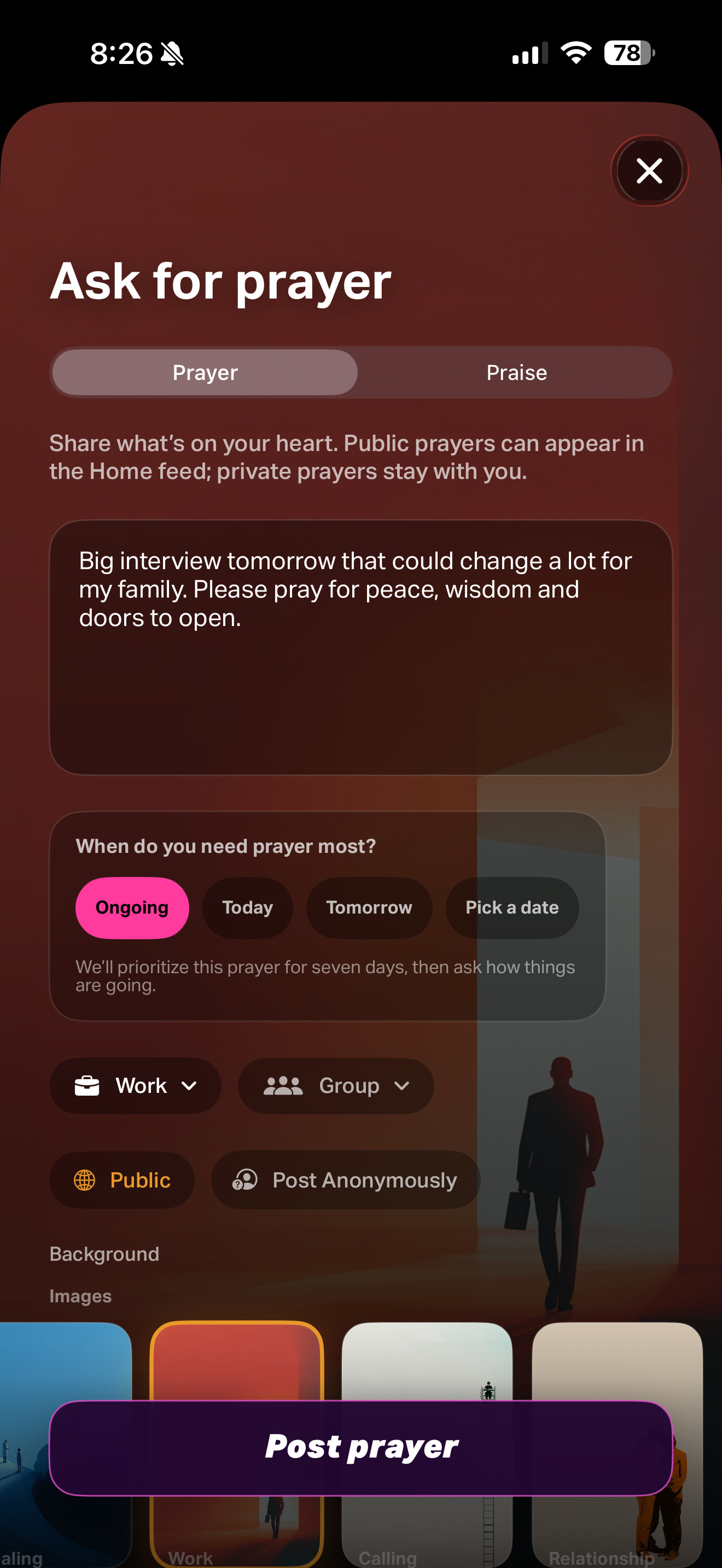 PRYR prayer composer with timing, category, visibility and anonymous posting options
