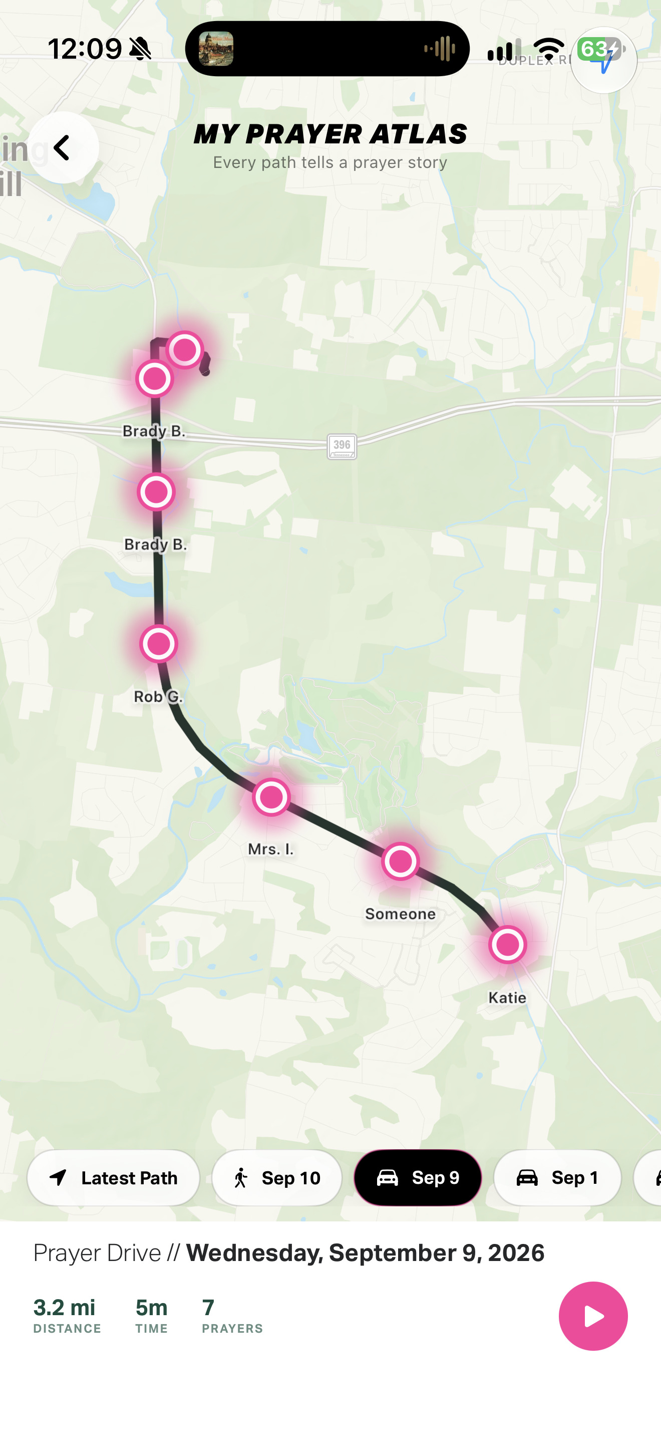 My Prayer Atlas showing a Prayer Drive route and prayer markers