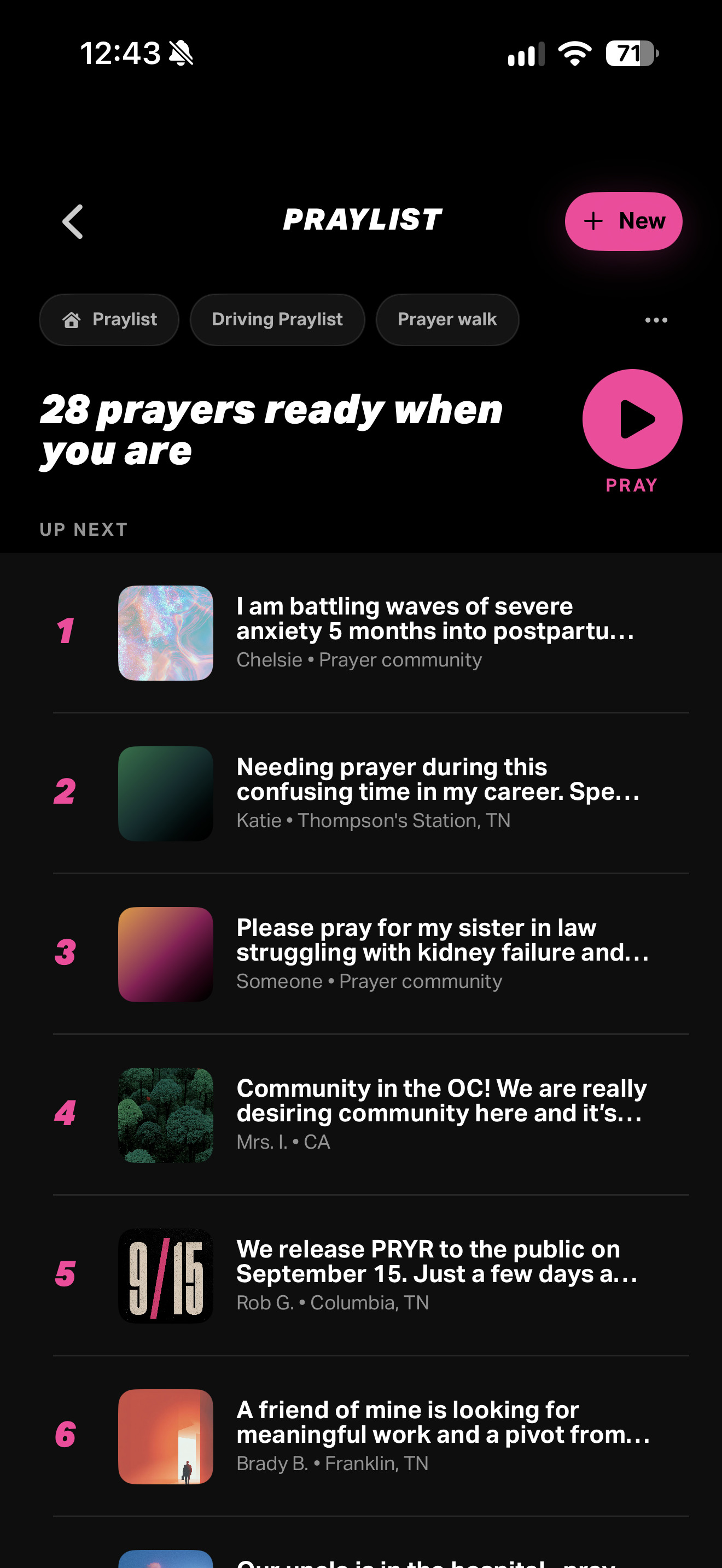 A Praylist with saved requests and a play button