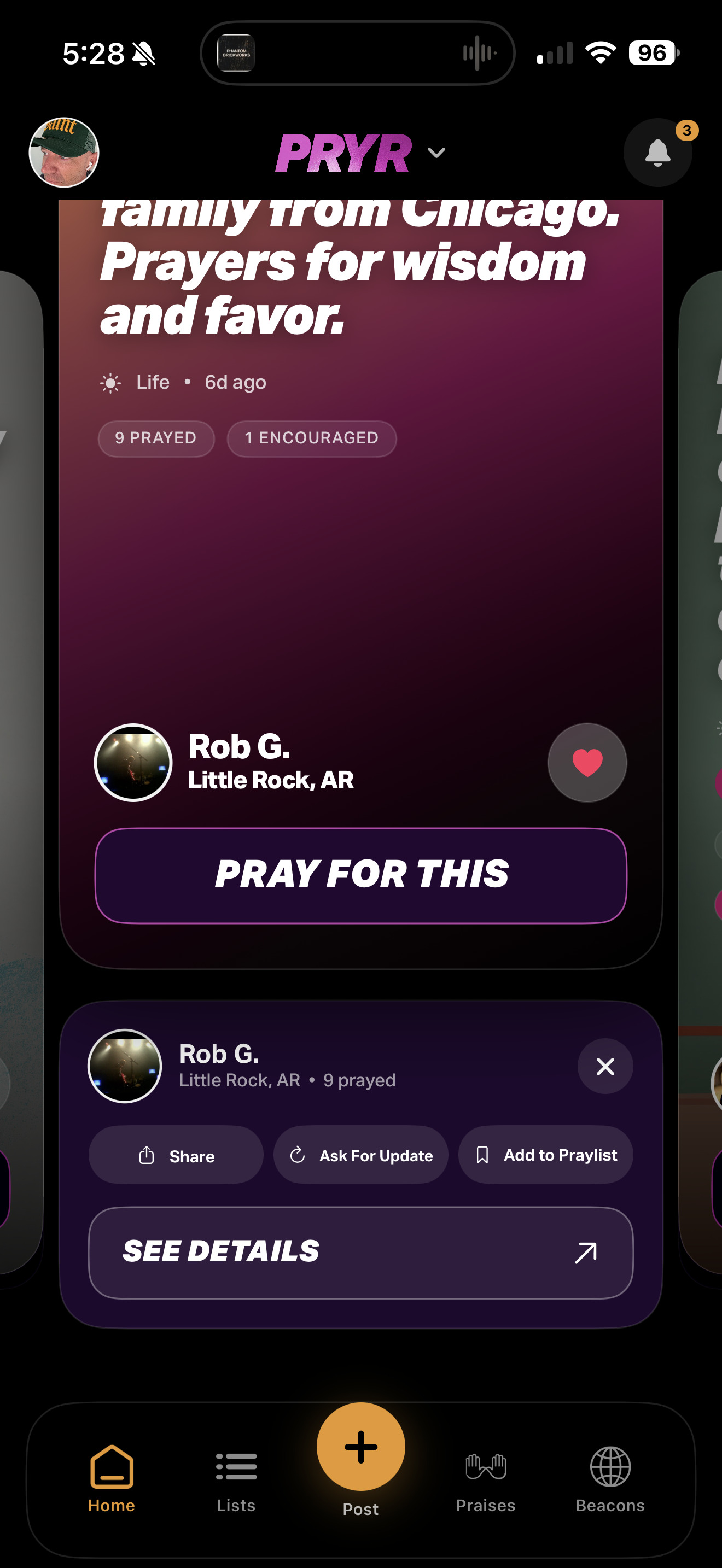 Prayer card actions for sharing, asking for an update and adding to a Praylist