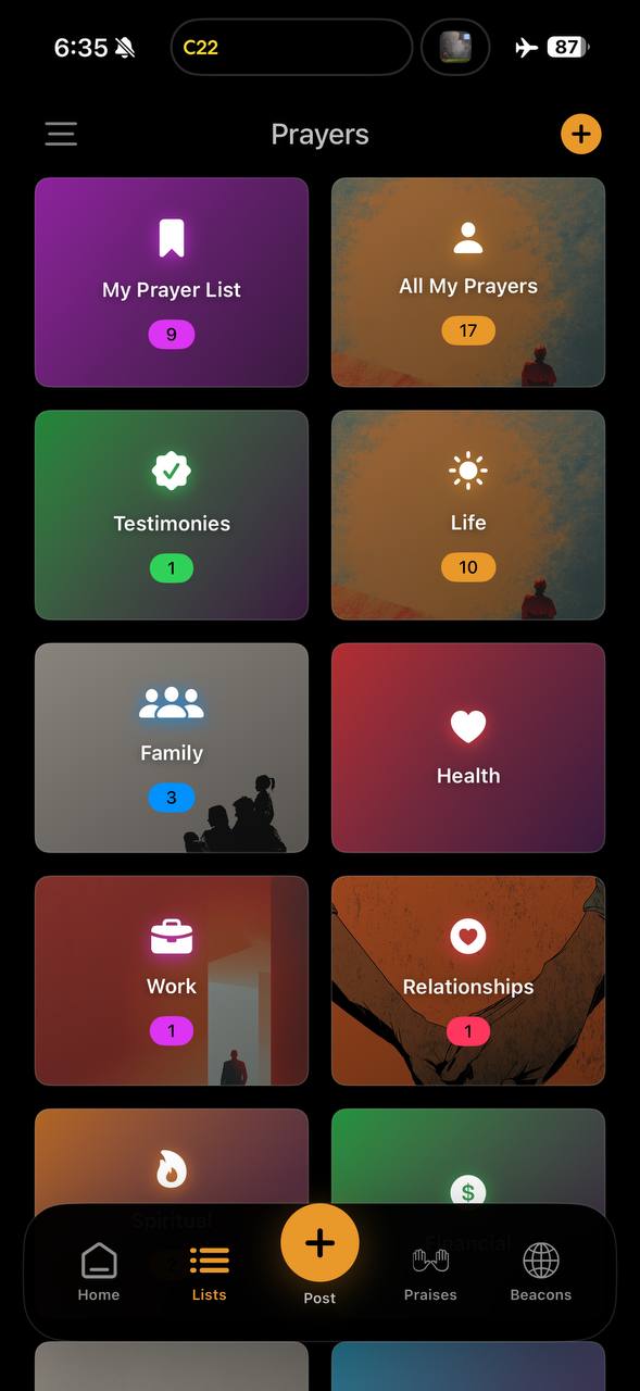Prayer lists screen